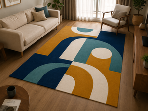 Tapis en laine tufté à la main, style Art déco du milieu du siècle, motifs géométriques arche, jaune moutarde, bleu marine, turquoise, tapis de designer pour salon - Product Image 4