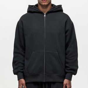 <b>Men's</b> Black Oversized Hooded Zip-Up Fleece Sweatshirt Regular Sleeve Solid Color Casual Autumn Wear - Product Image 3