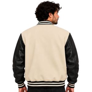 <b>Men</b> Beige Black Varsity <b>Jacket</b> <b>Faux</b> <b>Leather</b> Sleeves Snap Button Baseball Bomber Striped Ribbed College Streetwear <b>Jacket</b> for <b>Men</b> - Product Image 3
