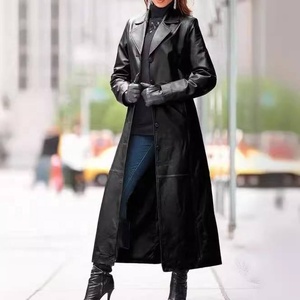 Manteau long en similicuir PU pour femme, trench-coat classique avec ceinture, vêtement d'extérieur élégant pour la mode automne-hiver - Product Image 4