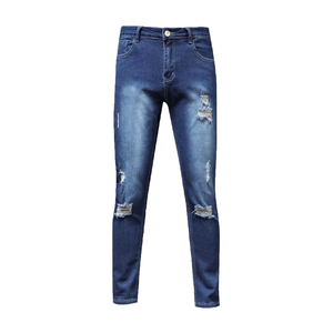 Jean en denim déchiré et délavé pour homme, coupe slim, taille haute, jambe droite, en coton, style décontracté automne - Product Image 1