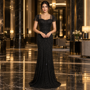 Women's Black Beaded Sequin Mermaid <b>Evening</b> <b>Dress</b> | Sheer Sleeve Floor Length Formal Gown Elegant Party <b>Wedding</b> Guest <b>Dress</b> Gown - Product Image 4