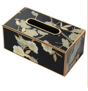 Vintage black <b>floral</b> metal tissue <b>box</b> with gold trim and cherry blossom art, for tabletop styling available at wholesale prices - Product Image 1