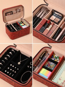 Vintage Lady Fashion Genuine Leather Embossed Jewelry Storage Makeup <b>Organizer</b> Travel <b>Cosmetic</b> Bag 7 Inch Polyester Lining - Product Image 5