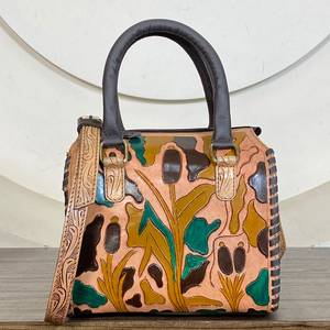Luxury Western Hand Tooled <b>Leather</b> Floral Grass Print 9 Inch Duffel <b>Bags</b> High Quality Durable Women Fashion Crossbody Handbags - Product Image 2