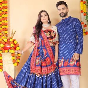 Latest Navratri Couple Collection Premium Lehenga Choli And <b>Men</b> Muslin Cotton <b>Kurta</b> Pant Wholesale Rate By Royal Exports - Product Image 5