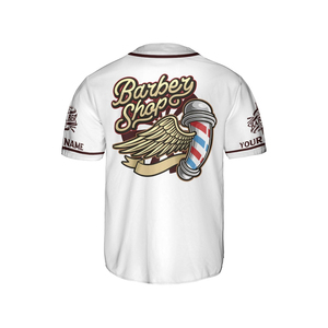 Camiseta de Trabajo Estilo Jersey de Béisbol para Barbería con Logotipo Personalizado, Blanca, de Algodón Transpirable, con Bolsillo y Diseño de Tijeras - Product Image 2