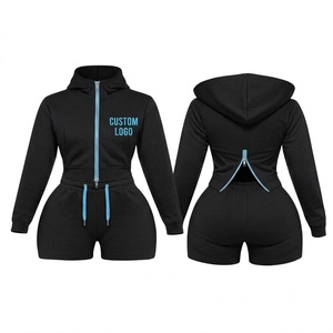 Ensemble deux pièces court à capuche pour femme, couleur vert-bleu, avec boutons, logo personnalisé imprimé, coupe ajustée, style sportif, vêtements décontractés, printemps-été - Product Image 2