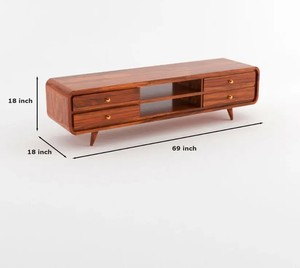 Meuble TV en bois massif à bords incurvés de style moderne du milieu du siècle |   Console multimédia arrondie avec 4 tiroirs |   Exportation de Jodhpur - Product Image 3
