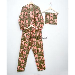 Ensemble de pyjama pour femmes en coton 100% fait main, à fleurs, avec taille élastique et manches longues, séchage rapide et respirant, toutes saisons - Product Image 4