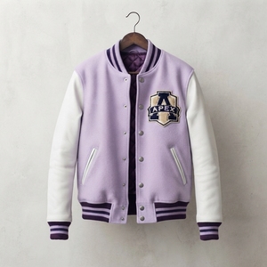 Custom Lavender Wool Letterman <b>Jacket</b> <b>White</b> Sleeves Embroidered Patch Snap Button College Style Outerwear <b>for</b> <b>Men</b> - Product Image 1