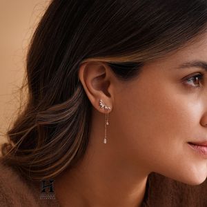 Marquise Cut Lab Grown Diamond Ear Climber <b>Earrings</b> 14K <b>Gold</b> Long Chain Pear <b>Dangle</b> Drop <b>Earring</b> - Product Image 2