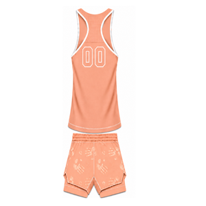 <b>Peach</b> White Swim Set Sleeveless Racerback Tank <b>Top</b> with Matching Shorts Lightweight Quick Dry Training Performance Swimwear - Product Image 2