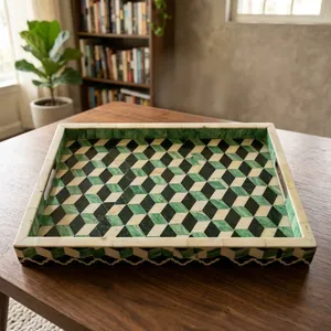 Plateau de service décoratif fait main en os incrusté avec motif mosaïque vert, plateau rectangulaire pour table basse et décoration intérieure - Product Image 4