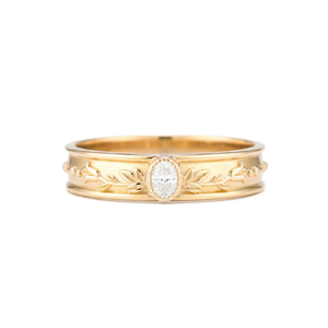 Bague vintage ovale gravée avec diamant de laboratoire, en or massif 14 carats, motif feuille fait main, alliance de mariage minimaliste empilable, bague de promesse - Product Image 1