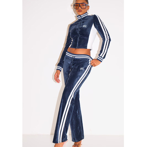 Custom Ladies Navy Velour Lounge Set Stripe Track Crop Jacket and <b>Flared</b> Wholesale Women's Hoodies & Sweatshirts Manufacturer - Product Image 1