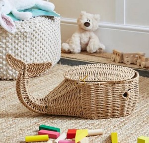 Handwoven Natural Whale Seagrass Storage <b>Basket</b> with Cover Eco Friendly Indoor Kids Room Toy Bin Baby Shower <b>Gift</b> - Product Image 3