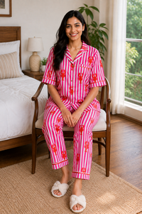 Conjunto de Pijama Floral Rosa 100% Algodón para Mujer al por Mayor con Bolsa de Almacenamiento a Juego |   Suave, Transpirable, Ligero, Lujoso, Informal - Product Image 3
