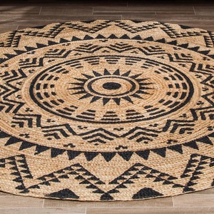 Alfombra Redonda de Yute Natural con Patrón Geométrico, Estilo Bohemio, Tejido Plano, Antideslizante, Decoración para Sala de Estar, Limpieza Localizada - Product Image 6