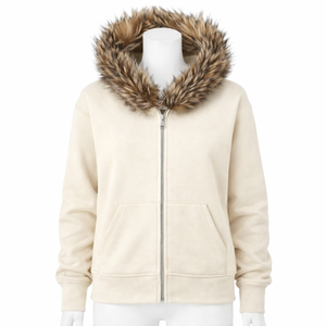 Sweat à capuche zippé pour homme en molleton de coton vieilli, coupe courte et carrée, avec capuche amovible en fausse fourrure, modèle vierge pour personnalisation, de fabricant de vêtements - Product Image 1