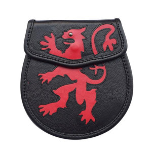 Scottish Two-Tone Men's <b>Red</b> Lion Rampant Black Leather Kilt Sporran, Chain & <b>Belt</b> Factory Handmade Supplies - Product Image 1