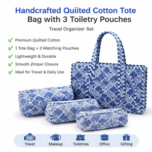 Le Souvenirs Blue Handcrafted Quilted Cotton <b>Tote</b> <b>Bag</b> Canvas Lining <b>Zipper</b> Closure Lightweight Design 3 Toiletry Pouches Travel - Product Image 1