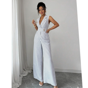 Combinaison à rayures sans manches pour femmes, à jambes larges, avec col à revers - Product Image 3