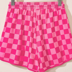 Shorts décontractés d'été pour femmes, à carreaux roses, taille élastique - Product Image 1