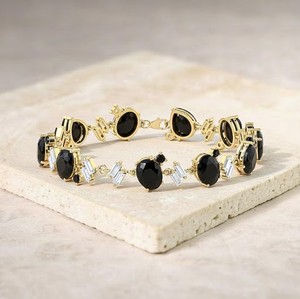 Oval Cut Black Onyx <b>Charm</b> Bracelet in 925 Sterling <b>Silver</b> Gold Plated Elegant Black Gemstone Luxury Statement Jewelry - Product Image 1