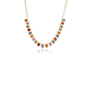 Nuevo Diseño en Tendencia, Collar de Cadena Tipo Clip de Oro Amarillo K14 con Bisel de Zafiros Multicolor Arcoíris, Estilo Medio Tennis para Mujer - Product Image 1