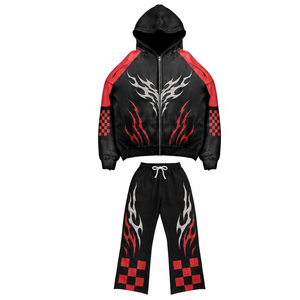 Survêtement personnalisé surdimensionné en coton épais imprimé avec motif graphique, tissu doux et respirant, sweat à capuche et pantalon évasé unisexe - Product Image 2