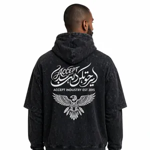Sweat à capuche noir délavé tendance avec calligraphie arabe et imprimé faucon au dos, coupe oversize - Product Image 2