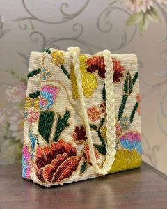 Cute Mini Beaded <b>Canvas</b> <b>Tote</b> Bag with Solid Color Pattern Girls Crossbody Chain Featuring Zipper Closure Embroidery All Seasons - Product Image 3