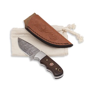 Cuchillo de caza de hoja fija de acero de Damasco, punta caída, mango de madera, filo recto, funda de cuero, para camping al aire libre, bricolaje, OEM - Product Image 1