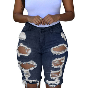 Women High Waist Distressed Denim Shorts Skinny Fit Ripped Cut Out Solid Color Casual Summer Style - Product Image 6
