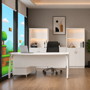 Escritorio de Oficina Moderno y Minimalista de Melamina Resistente con Estantes de Almacenamiento y Silla para la Configuración de una Estación de Trabajo en el Hogar - Product Image 1