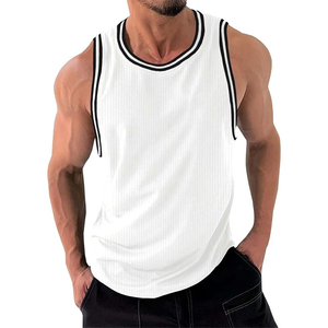 Men's Ribbed Fitness Tank <b>Top</b> Custom Logo Muscle Fit Sleeveless Gym Contrast Neckline Striped Bodybuilding Vest Bulk Tank <b>Tops</b> - Product Image 2