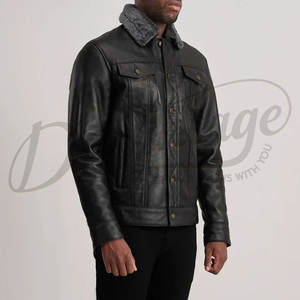 Chaqueta de Cuero Negra Premium para Hombre, Estilo Trucker, con Cuello de Piel Sintética Gris, Chaqueta Biker Clásica Acolchada, Ropa de Invierno Abrigada - Product Image 5