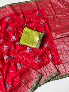 Premium Hand Dyed Georgette Jacquard Saree – Heavy Jari Weaving with Embroidery Lace Blouse Piece - Product Image 2