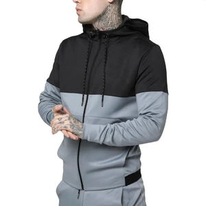 Chándal con Capucha para Hombre, Color Gris y Negro, Bloques de Color, Manga Larga, Cierre de Cremallera, Informal, para Correr, Transpirable, de Poliéster y Algodón, Corte Ajustado - Product Image 4
