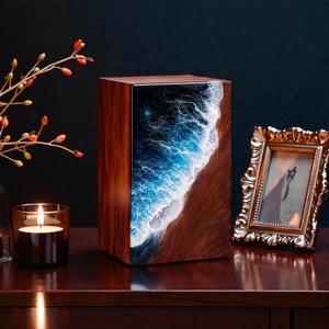Handcrafted Ocean Wave Resin Urn Wooden <b>Memorial</b> Keepsake for humane ashes medium size 9x5.5 inches urn <b>box</b> - Product Image 2