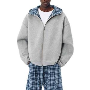 Fabricants de sweats à capuche réversibles à double fermeture éclair, style streetwear, à carreaux, coupe ample et courte pour hommes - Product Image 4