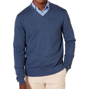 Pull à col en V bleu uni pour homme, manches longues, tricoté en laine/acrylique, respirant, vêtements d'hiver - Product Image 5