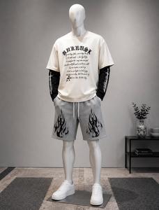 Men's Oversized Jersey Graphic Green Long Sleeve T-<b>Shirt</b> with White Letter Print and Gray <b>Flame</b> Shorts Street Style Outfit - Product Image 2