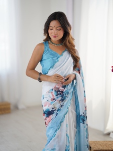 Sari indien traditionnel style été, imprimé floral, en chinnon lourd avec travail de miroir, pour femmes, tenue de soirée - Product Image 1
