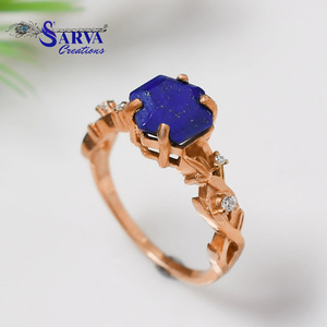 Natural <b>Lapis</b> <b>Lazuli</b> <b>Ring</b> Gold Plated 925 Sterling Silver Moissanite Hexagon Gemstone <b>Ring</b> Vintage Floral Statement Jewelry - Product Image 4