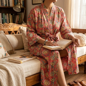 Kimono artisanal en coton rose à fleurs |   Robe de chambre à manches longues et col en V pour femme |   Robe longue en pur coton avec cordon de serrage, un chef-d'œuvre - Product Image 2