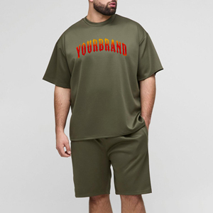 Ensemble court 2 pièces pour homme en coton tricoté de qualité supérieure, style streetwear décontracté, avec logos imprimés en relief personnalisés, style hip-hop, couleur unie, été - Product Image 6