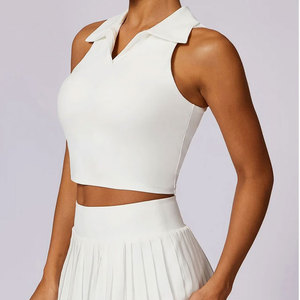 <b>Ladies</b> New Casual <b>Polo</b> Collar Sleeveless Body Fit Gym Workout Short Length Athletic Yoga Crop <b>Top</b> T-Shirt For Exercise - Product Image 3