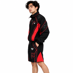 Veste coupe-vent et short de luxe en nylon noir et rouge avec strass, style sportif d'été, veste de survêtement personnalisée USA - Product Image 2